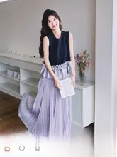 紫色のロマンティックなフリルレイヤーのタンクトップとプリーツスカート【夏用・優雅な雰囲気・セットアップ対応】