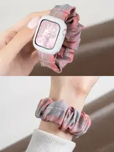 スマートウォッチ バンド レディース Apple Watch用 ナイロン 青白チェック柄 ヘアゴム式 伸縮 スポーツ 夏用 可愛い 上品