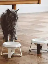 ペット用陶器製の高脚食器【猫・犬用・白鹅绒・スチール製】