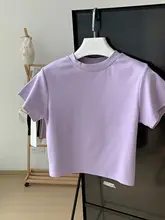 女性用 夏用タイトフィット ラウンドネック ブルーのショートスリーブTシャツ【短丈・スリムデザイン】