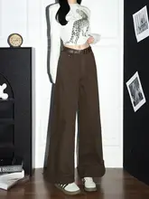デニムパンツ レディース ロールアップ アメリカンスタイル デザイン性 コーヒーブラウン ワイドシルエット ゆったり 体型カバー「Forever 21」