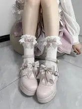 コットン製レース付きバタフライリボンハート柄ショートソックス【ロリィタスタイル・ミディ丈】