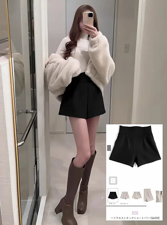 高腰デザインのショートパンツ【レッグラインを強調・バックファスナー付き・女性用】