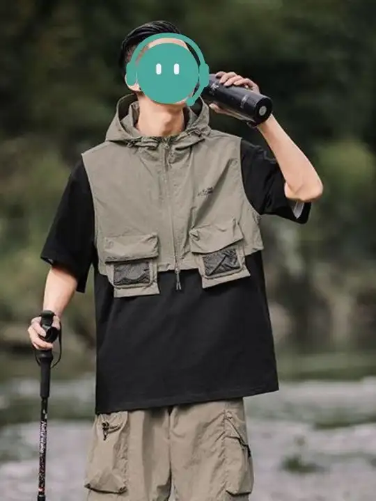 夏季アウトドア機能性短丈ハイウエストフード付きジャケット【通気性・スポーツベスト】