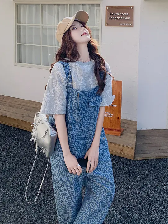 街頭風レトロデニムオーバーオール【ハートプリント・フィット・夏用】（セットアップ対応）