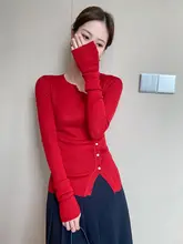 春の新作！エレガントなデザインの赤いニットカーディガン【ファッション性の高いおしゃれトップス】