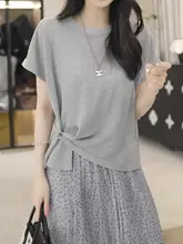 デザイン性のある不規則なニット短袖Tシャツ【ワンサイズ・ドレープ感・スリム効果】（セットアップ対応）