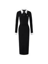 LaluneDuCiel エレガントなブラックニットワンピース【スリムフィット・スリットデザイン・ミドルレングス】