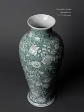 若奈 グリザイユ手描き彩色花瓶【青緑色・連理枝デザイン・インテリア装飾用】