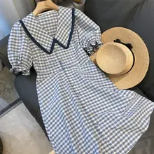 夏用大きいサイズ レディースチェック柄ワンピース【ブルー・ダブルカラー・長袖・体型カバー】（セットアップ対応）