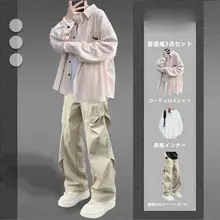 春秋向けコーデュロイシャツとデニムパンツのセットアップ（セットアップ対応）