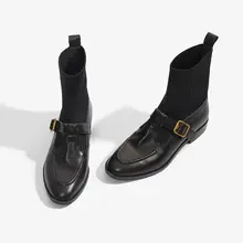 ブラックエラスティックフィット靴【冬用・ニットソックスブーツ・バックル付き・フレンチスタイル】