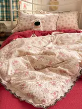 レトロな赤い花柄の軽やか夏用冷却布団【洗濯機対応・シングルサイズ・四点セット】（セットアップ対応）