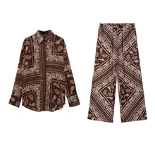 フィット 花柄シャツとウエストハイ ウエストワイドパンツ【カジュアルスタイル・ロング】（セットアップ対応）