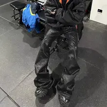 ストリート風デザインのコーティングストレッチ微フレアデニムパンツ【男性用・リボン付き・ロング丈】（セットアップ対応）