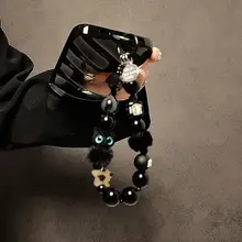 ハンドストラップ オリジナル ねこ ビーズ ファー ブラック スマホケース用 キーホルダー バッグチャーム