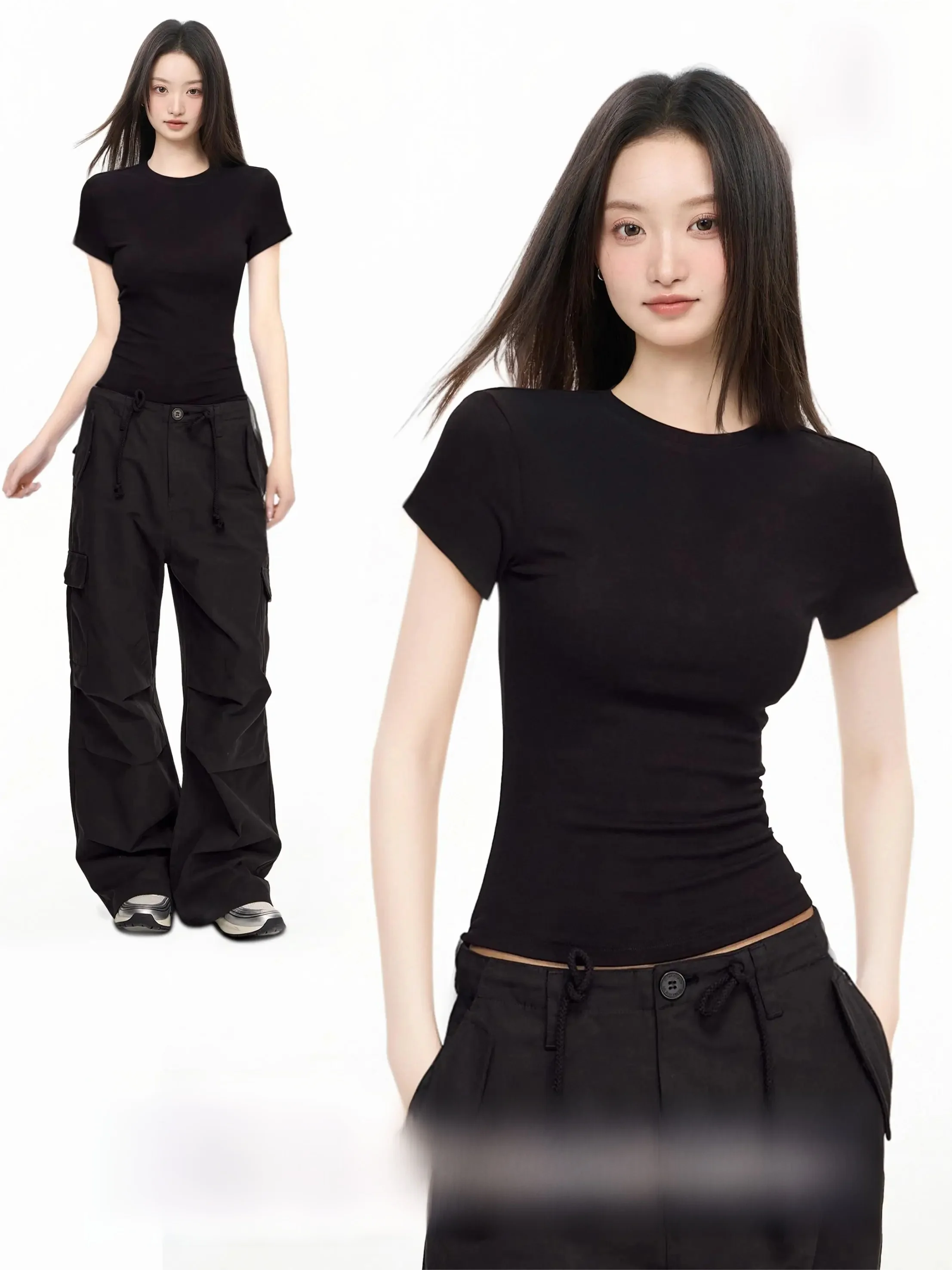 黒のラウンドネックショートスリーブTシャツ【女性用・フィット感・夏用】 春コーデ レディース おすすめアイテム