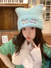 ニット帽 レディース 猫耳 刺繍 大きめサイズ 小顔効果 秋冬