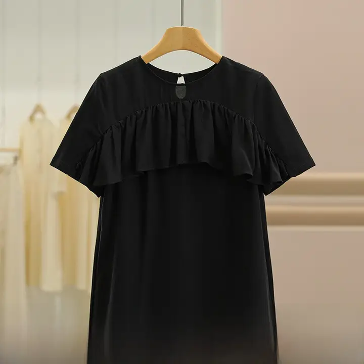 桑蚕絲製デザインフリルTシャツ【カジュアル・短袖】