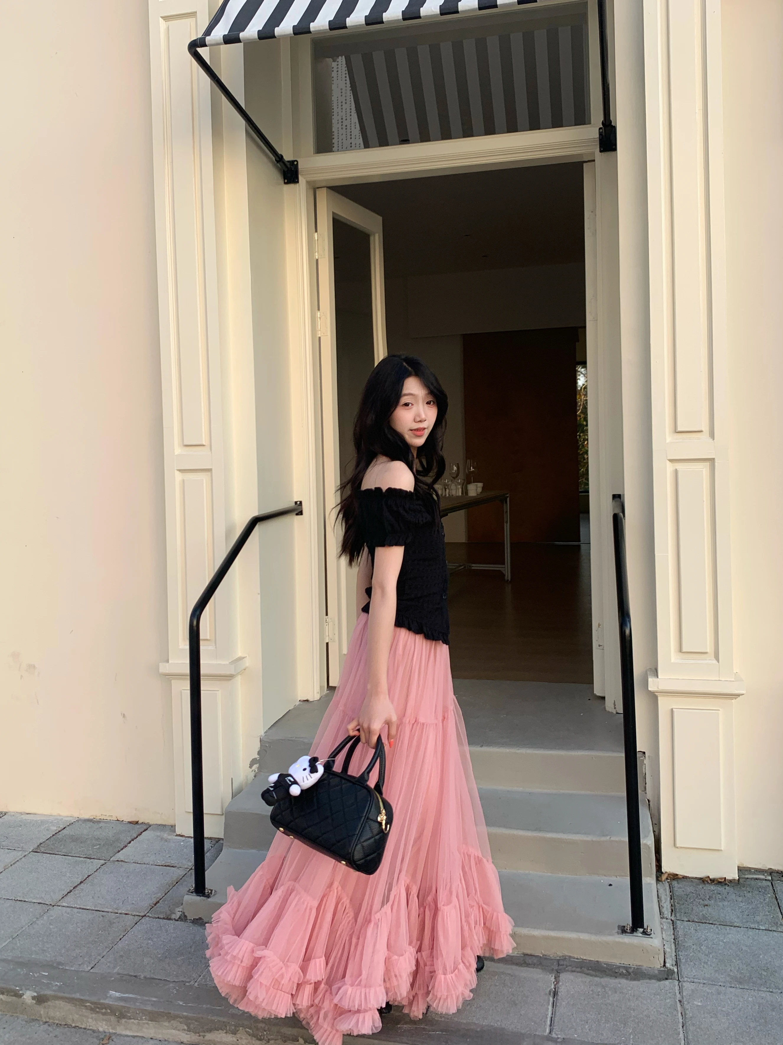 春用 薄手フレアスカート【柔らかなネット生地・ピンク・長丈】（セットアップ対応）