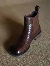 ブラウンレトロ牛革チェルシーショートブーツ【秋冬用・真皮】