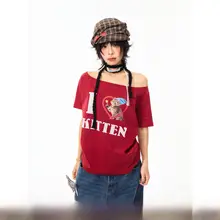猫プリント短袖Tシャツ【斜め肩デザイン・レディース・夏用・フィットデザイン】