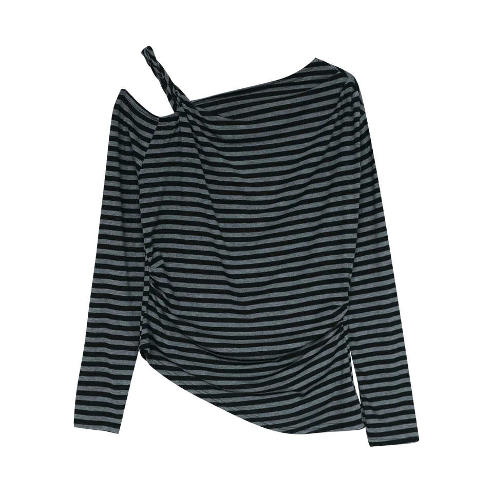 ストライプデザインの斜め襟長袖Tシャツ【通勤用・スリムフィット・ファッション性抜群】