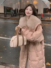 大毛皮襟の中丈ダウンジャケット【女性用・ピンク・保温・ウエスト絞り】