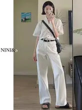 ホワイトワイドレッグデニムパンツ【高腰・ストレート・フィット】