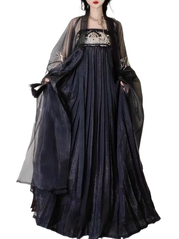 ブラック漢服 女性用 刺繍入り大袖シャツとスカートのセット【春夏用・ふんわりした印象】（セットアップ対応）