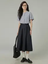 HUIXI 夏用 高腰 Aラインスカート【深い青色・通勤・ロング丈】