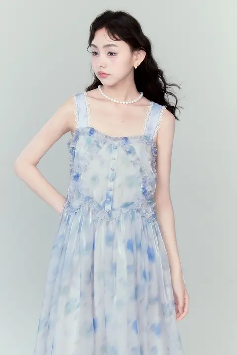 リゾート用マットプリントビーチドレス【ブルー・肩紐付き・タンクトップスタイル】