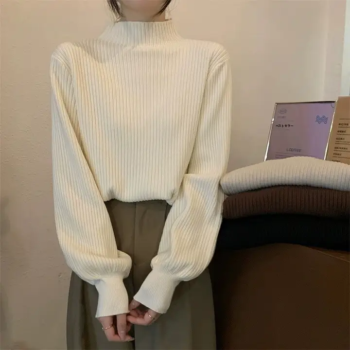 杏色のハイネックニットセーター【秋冬用・女性用・フレンチスタイル】