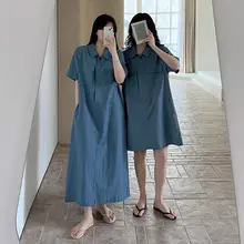 カジュアルなデザインのポケット付き半袖シャツワンピース【春夏用・ゆったりシルエット】