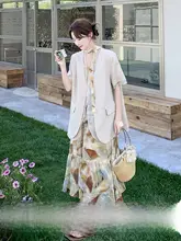 女性用おしゃれなプリント入り短袖ジャケットとキャミソールワンピース【夏用・通勤対応】（セットアップ対応）