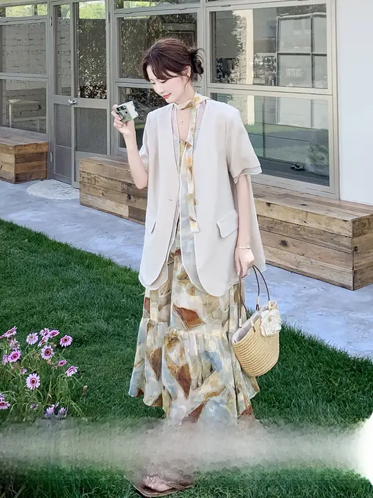 女性用おしゃれなプリント入り短袖ジャケットとキャミソールワンピース【夏用・通勤対応】（セットアップ対応）