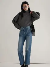 おしゃれなデザインのアンバランス斜め前開きハイウエストストレートデニムパンツ【ヴィンテージ風・ユーズド加工・雪花洗い】