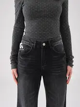 ブラックグレー 微フレアデニムパンツ【レディース・ハイウエスト・ゆったりデザイン】（セットアップ対応）