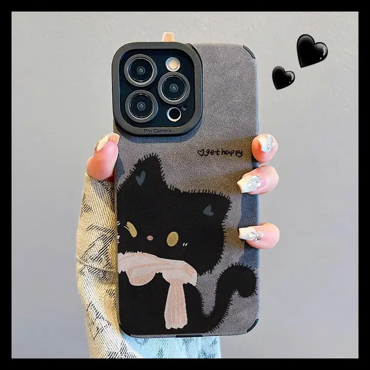 かわいいハートの黒猫デザインiPhoneケース【フロック素材・個性的・多モデル対応】