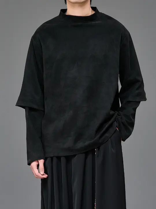 ハーフタートルネック 長袖Tシャツ ユニセックス フェイクレイヤード インナー ダーク系 アーティスティック デザイン性 春 秋