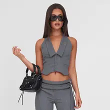 海妖風テーラードカラーボタン西装ベスト【背面開放デザイン・ストラップ付き・ショート丈】（セットアップ対応）