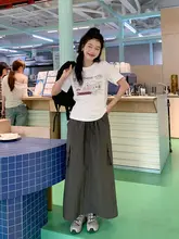 レトロ工装デザインのハイウエストAラインスカート【春用・ロング丈・スリム効果】