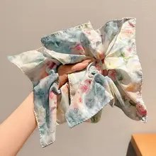 オイルペイント風 フラワープリントスクエアハンカチ 大きなヘアゴム【低いポニーテール・お団子ヘア用】