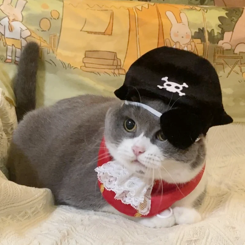 ペットコスプレ 猫用 3点セット 海賊風 帽子 アイパッチ バンダナ ハロウィン 撮影用小物 ユニーク