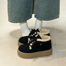 レトロ風ラウンドトゥ厚底レースアップ加絨保温雪用ブーツ【女性用・イギリス風・スタイリッシュ】