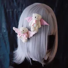 ヘアクリップ サイドクリップ ハンドメイド ウィングベア モコモコ ホワイト ピンク