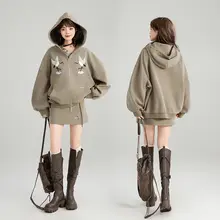 復古風刺繍入りフード付きパーカー【女性用・中華スタイル・秋季・ミニスカート付き】（セットアップ対応）