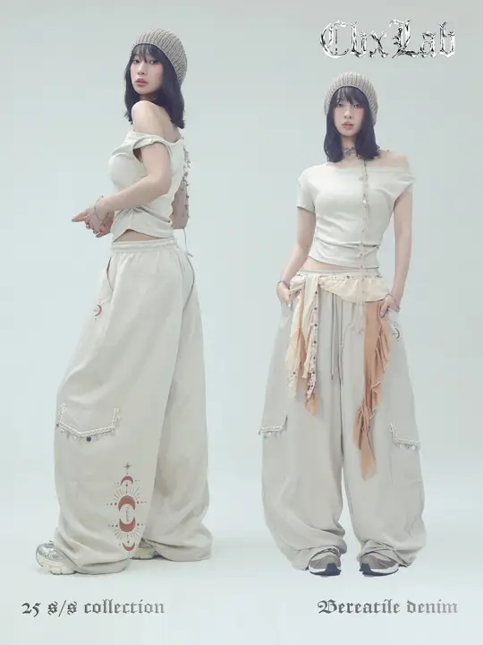 カジュアルカラーブロックデザインのボヘミアン風ワイドパンツ【透け感ある素材・ゆったりしたシルエット】