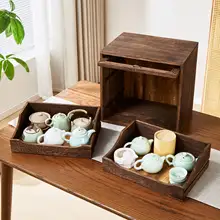 天然木製 茶具収納キャビネット【防塵・ディスプレイ用・抽斗付き】