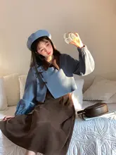 復古学院風ブルーとコーヒー色ツーピースコーデ【春季用・デザイン性抜群】（セットアップ対応）